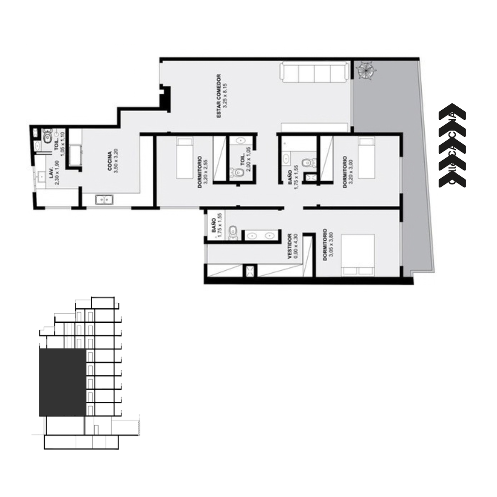 Plano Piso 1 a 5 Depto A Frente