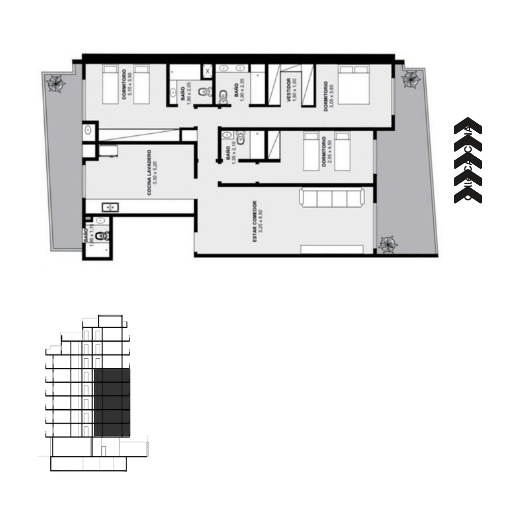 Plano Piso 1 a 5 Depto B Contrafrente